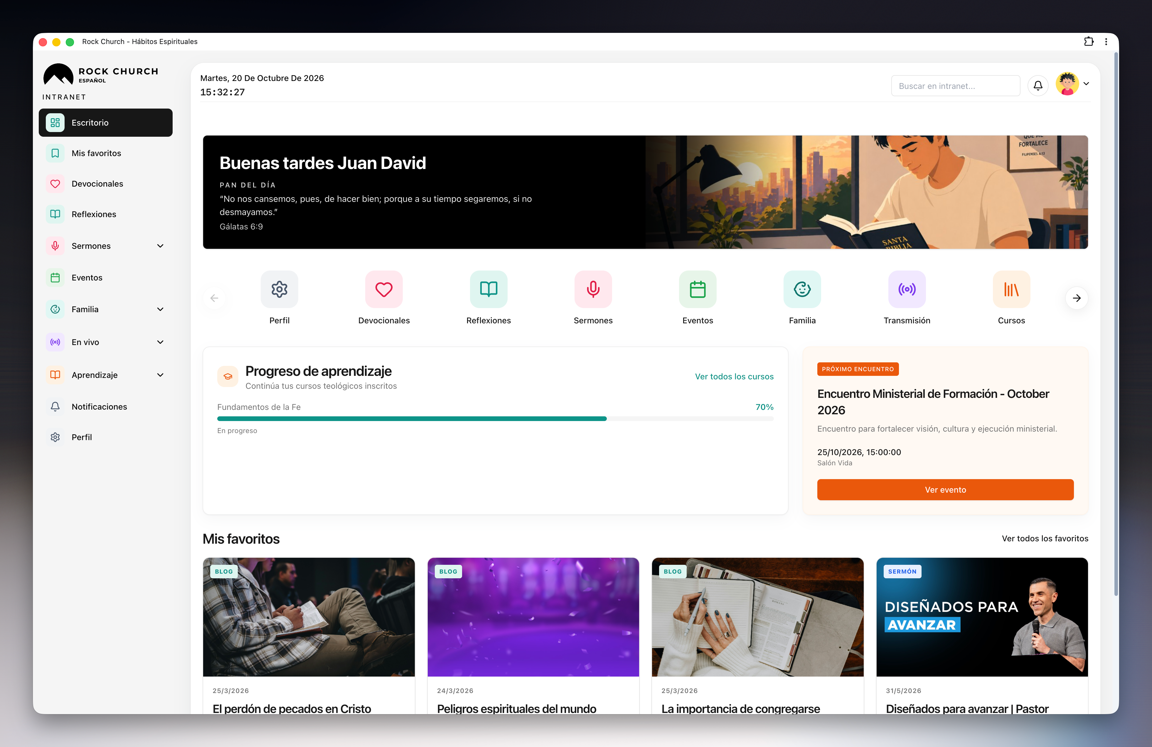 Escritorio real de la intranet de Rock Church